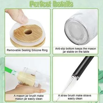 COLOROUND Mason Jar Cups Glass Cups Sets boba cup reusable smoothie cups wide mouth mason jars 24 oz glass tumbler with lid and straw drinking glass with bamboo lid for ice coffee milkshake 2 Pack