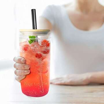 COLOROUND Mason Jar Cups Glass Cups Sets boba cup reusable smoothie cups wide mouth mason jars 24 oz glass tumbler with lid and straw drinking glass with bamboo lid for ice coffee milkshake 2 Pack