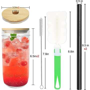 COLOROUND Mason Jar Cups Glass Cups Sets boba cup reusable smoothie cups wide mouth mason jars 24 oz glass tumbler with lid and straw drinking glass with bamboo lid for ice coffee milkshake 2 Pack