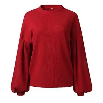PRETTYGARDEN Women's Oversize Sweaters Loose Drop Shoulder Lantern Sleeve Round Neck Fashion Pullover Sweater Tops Red