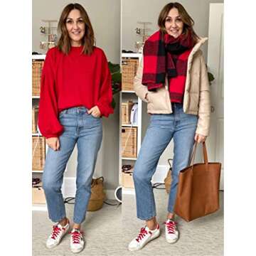 PRETTYGARDEN Women's Oversize Sweaters Loose Drop Shoulder Lantern Sleeve Round Neck Fashion Pullover Sweater Tops Red