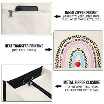 OASSIE Teacher Bag Appreciation Gifts for Women - Teachers Day, Graduation, Back to School, Birthday, Christmas, Thank You Gifts for Women, Friends, Coworkers - 13 oz Canvas Tote Bag with Zipper