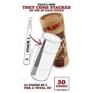RAW Cones Lean Size Classic - 50 Pack -Slow Burning Rolling Cones with Tips