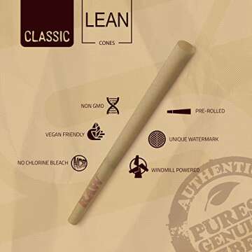 RAW Cones Lean Size Classic - 50 Pack -Slow Burning Rolling Cones with Tips