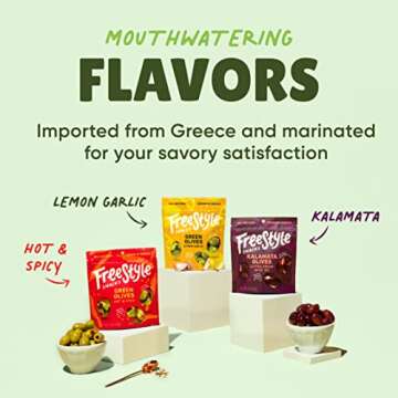 Freestyle Snacks Olive Snack Packs - Fresh Pitted Kalamata & Green Olives, Jumbo-Sized, Grown in Gre...