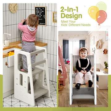 Costzon Kids Kitchen Step Stool with Double Safety Rails, Toddler Learning Stool with 3 Adjustable H...