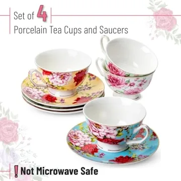 BTaT Floral Tea Cups and Saucers Set of 4 - Gift-Ready