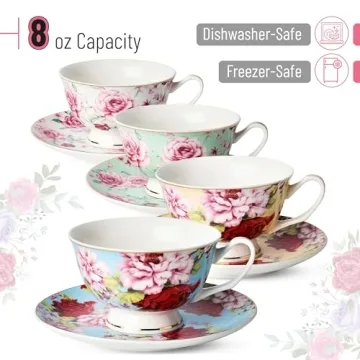 BTaT Floral Tea Cups and Saucers Set of 4 - Gift-Ready