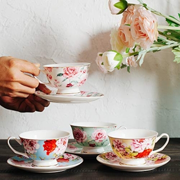 BTaT Floral Tea Cups and Saucers Set of 4 - Gift-Ready