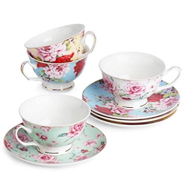 BTaT Floral Tea Cups and Saucers Set of 4 - Gift-Ready