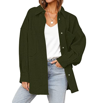 MEROKEETY Women's 2024 Fall Oversized Long Sleeve Shacket Jacket Button Down Wool Blend Coats with P...
