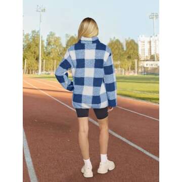MEROKEETY Women's Plaid Sherpa Fleece Zip Sweatshirt Long Sleeve Pullover Jacket, Blue, M