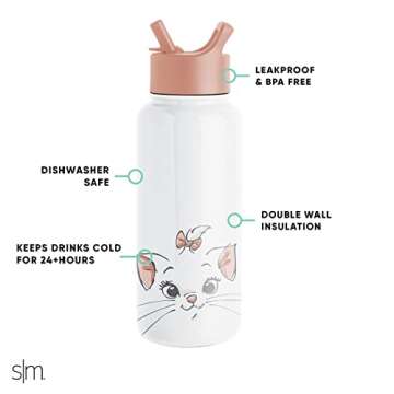 Simple Modern Disney Aristocats Water Bottle with Straw Lid Vacuum Insulated Stainless Steel Metal Thermos | Gifts Reusable Leak Proof Flask for Gym, Travel | Summit Collection | 32oz Aristocats