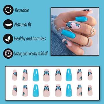 Press on Nails Medium Blue Butterfly Coffin Fake Nails Medium Length Full Cover Stick on Nails Glue on Nails Matte False Nails with Designs Acrylic Nails for Women