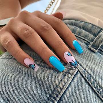 Press on Nails Medium Blue Butterfly Coffin Fake Nails Medium Length Full Cover Stick on Nails Glue on Nails Matte False Nails with Designs Acrylic Nails for Women