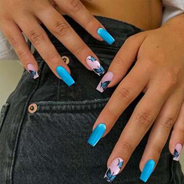 Press on Nails Medium Blue Butterfly Coffin Fake Nails Medium Length Full Cover Stick on Nails Glue on Nails Matte False Nails with Designs Acrylic Nails for Women