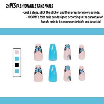 Press on Nails Medium Blue Butterfly Coffin Fake Nails Medium Length Full Cover Stick on Nails Glue on Nails Matte False Nails with Designs Acrylic Nails for Women