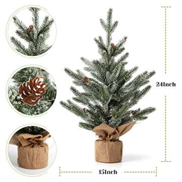 Adeeing 24 Inch Pre-lit Artificial Tabletop Mini Christmas Tree with Lights, Small Green Frosted Chr...