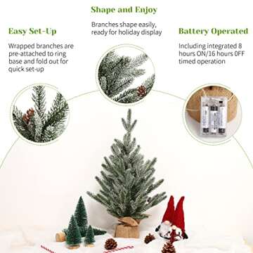 Adeeing 24 Inch Pre-lit Artificial Tabletop Mini Christmas Tree with Lights, Small Green Frosted Christmas Trees with Burlap Base, Miniature Pine Christmas Trees Decoration, 2 Ft