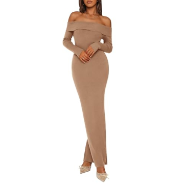 PRETTYGARDEN Women's Winter Sweater Dress Long Sleeve Off Shoulder Slit Maxi Bodycon Cocktail Party ...