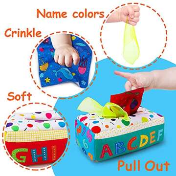 teytoy My First Baby Tissue Box, Soft Stuffed High Contrast Crinkle Montessori Square Sensory Toys Juggling Rainbow Dance Scarves for Toddler, Infants, Newborns and Kids Educational Preschool Learning