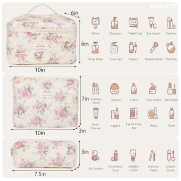 honitty Makeup Bag,Quilted Cosmetic Bag,Large Floral Make Up Bag for Women,Cotton Makeup Bag Set,Flo...