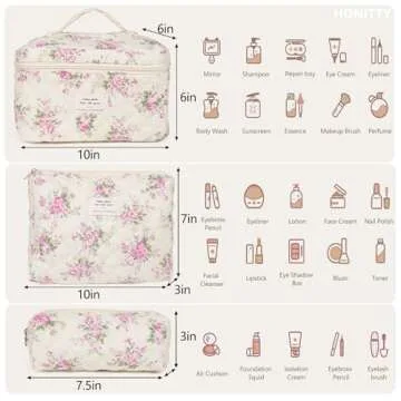 honitty Makeup Bag,Quilted Cosmetic Bag,Large Floral Make Up Bag for Women,Cotton Makeup Bag Set,Flo...
