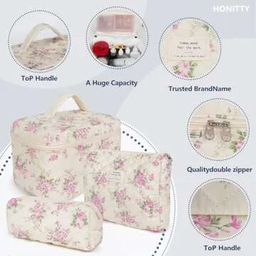 honitty Makeup Bag,Quilted Cosmetic Bag,Large Floral Make Up Bag for Women,Cotton Makeup Bag Set,Flower Travel Toiletry Bag
