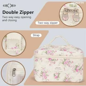 honitty Makeup Bag,Quilted Cosmetic Bag,Large Floral Make Up Bag for Women,Cotton Makeup Bag Set,Flower Travel Toiletry Bag