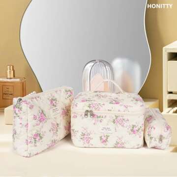 honitty Makeup Bag,Quilted Cosmetic Bag,Large Floral Make Up Bag for Women,Cotton Makeup Bag Set,Flower Travel Toiletry Bag