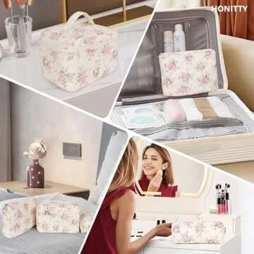 honitty Makeup Bag,Quilted Cosmetic Bag,Large Floral Make Up Bag for Women,Cotton Makeup Bag Set,Flower Travel Toiletry Bag