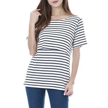 Smallshow 3 Pcs Maternity Nursing T-Shirt Nursing Tops White Stripe-Black-Grey Medium