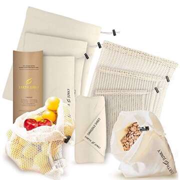 Reusable Produce Bags in Mesh & Muslin - Washable Fruit and Vegetable Storage - 6 Food Grocery Bags, 1 Bonus Greens Swaddle Sheet - Eco Friendly Drawstring Bag Set - S, M, L