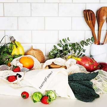 Reusable Produce Bags in Mesh & Muslin - Washable Fruit and Vegetable Storage - 6 Food Grocery Bags, 1 Bonus Greens Swaddle Sheet - Eco Friendly Drawstring Bag Set - S, M, L