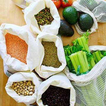 Reusable Produce Bags in Mesh & Muslin - Washable Fruit and Vegetable Storage - 6 Food Grocery Bags, 1 Bonus Greens Swaddle Sheet - Eco Friendly Drawstring Bag Set - S, M, L