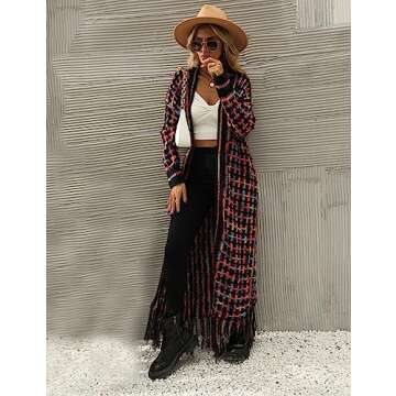 Perbai Womens Boho Cardigan Sweater Open Front Fringed Tassels Aztec Maxi Cardigan Jacket(Purple-S)