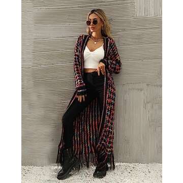 Perbai Womens Boho Cardigan Sweater Open Front Fringed Tassels Aztec Maxi Cardigan Jacket(Purple-S)