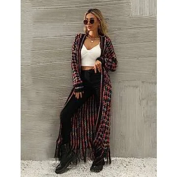 Perbai Womens Boho Cardigan Sweater Open Front Fringed Tassels Aztec Maxi Cardigan Jacket(Purple-S)