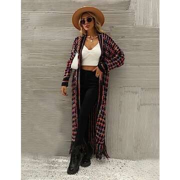 Perbai Womens Boho Cardigan Sweater Open Front Fringed Tassels Aztec Maxi Cardigan Jacket(Purple-S)