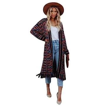 Perbai Womens Boho Cardigan Sweater Open Front Fringed Tassels Aztec Maxi Cardigan Jacket(Purple-S)
