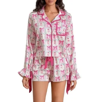 Cute Christmas Pajamas Set for Women Bow Tie Long Sleeve Shirt Ruffle Shorts 2 Piece Outfit Silk Sat...