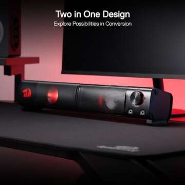 Redragon GS550 PC Gaming Speakers, 2.0 Channel Desktop Computer Sound Bar with Compact Maneuverable Size, Headphone Jack, Quality Bass & Decent Red Backlit, USB Powered w/ 3.5mm Cable