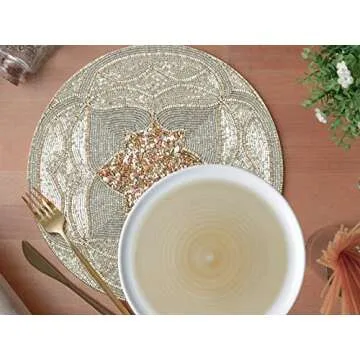 Homebia Designs Handmade Beaded Placemat Charger, 13 Inch Round, Set of 2, Beautiful Decorative Dining Table Placemat for Your Dinner Table Décor, Christmas Decoration, New-Year Party - Silver Multi