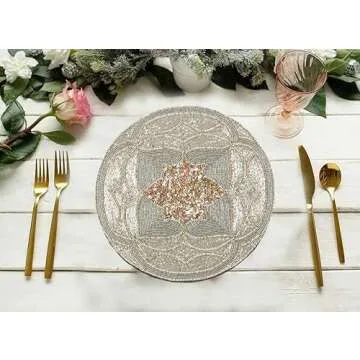 Homebia Designs Handmade Beaded Placemat Charger, 13 Inch Round, Set of 2, Beautiful Decorative Dining Table Placemat for Your Dinner Table Décor, Christmas Decoration, New-Year Party - Silver Multi
