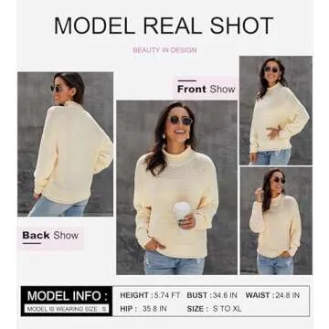 Dokotoo Womens Sweaters Batwing Long Sleeve High Neck Fall Outfits for Women 2024 Solid Autumn Basic Chunky Knit Tops Casual Loose Oversized Cable Knit Sweater Jumper Blouses Beige Small