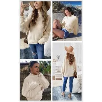 Dokotoo Womens Sweaters Batwing Long Sleeve High Neck Fall Outfits for Women 2024 Solid Autumn Basic Chunky Knit Tops Casual Loose Oversized Cable Knit Sweater Jumper Blouses Beige Small