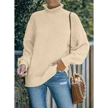 Dokotoo Womens Sweaters Batwing Long Sleeve High Neck Fall Outfits for Women 2024 Solid Autumn Basic Chunky Knit Tops Casual Loose Oversized Cable Knit Sweater Jumper Blouses Beige Small