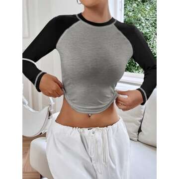 Women's Long Sleeve T Shirts Crewneck Color Block Tops Y2K Slim Fit Shirts