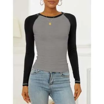 Women's Long Sleeve T Shirts Crewneck Color Block Tops Y2K Slim Fit Shirts