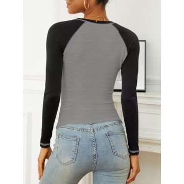 Women's Long Sleeve T Shirts Crewneck Color Block Tops Y2K Slim Fit Shirts